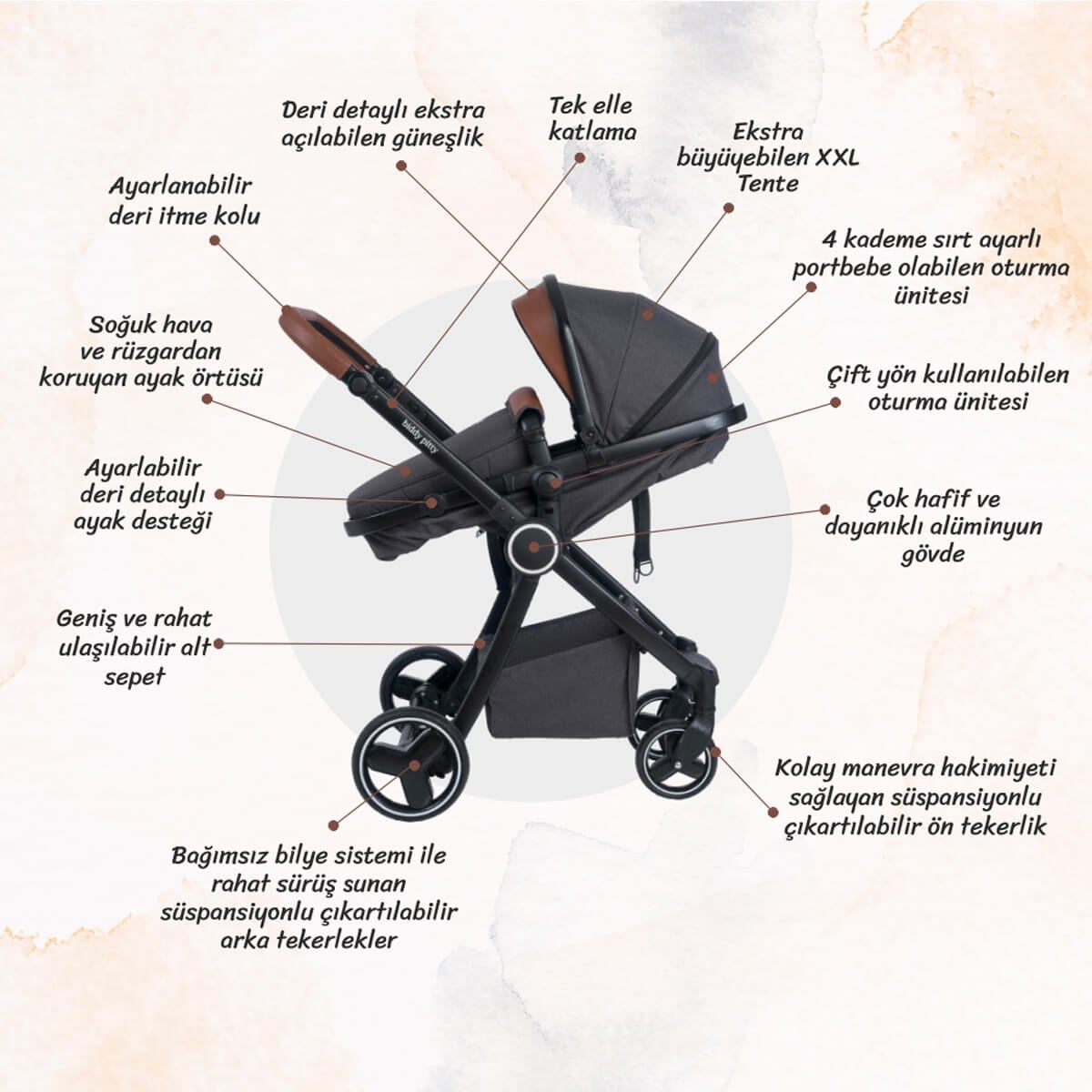 Biddy Pitty Oro Hafif Travel Sistem Anakucaklı Bebek Arabası Dark Pearl