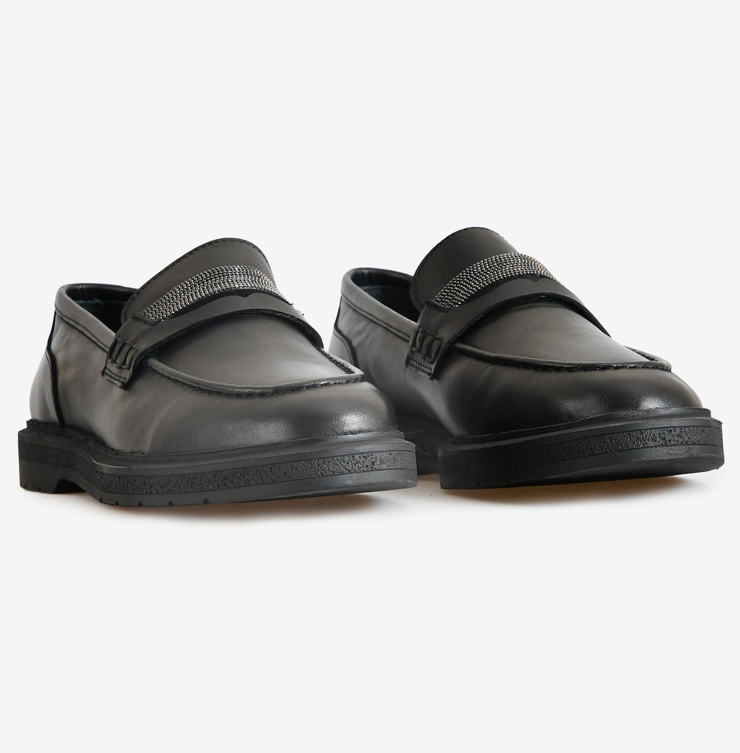 Flower Siyah Flower Deri Kadın Loafer