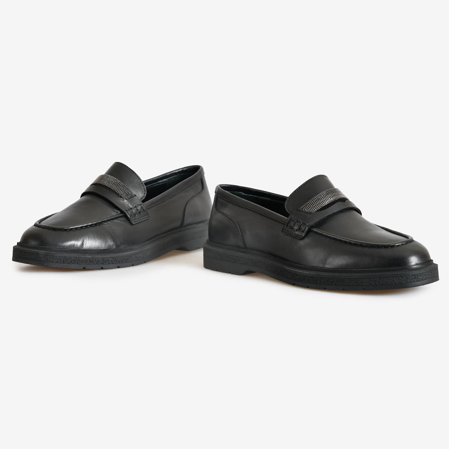 Flower Siyah Flower Deri Kadın Loafer