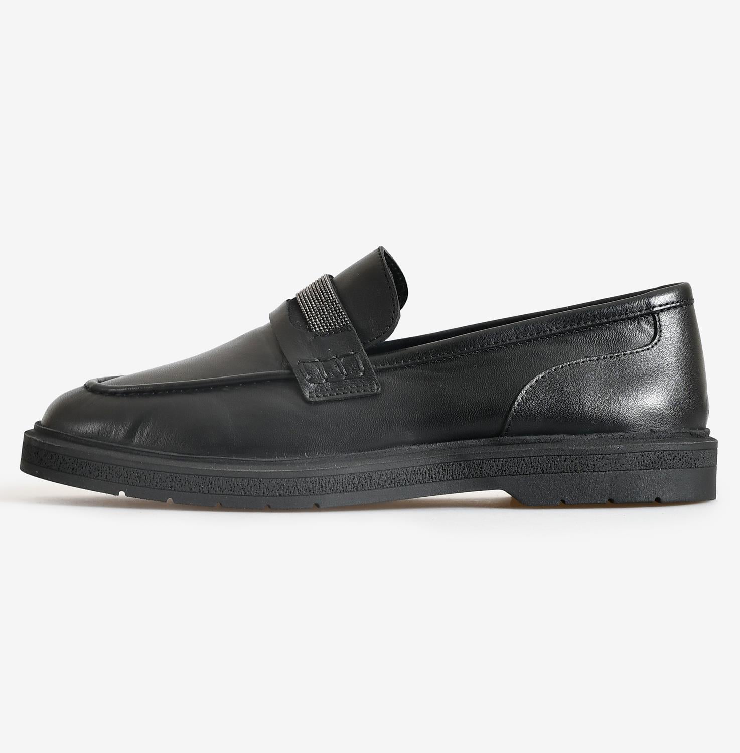 Flower Siyah Flower Deri Kadın Loafer