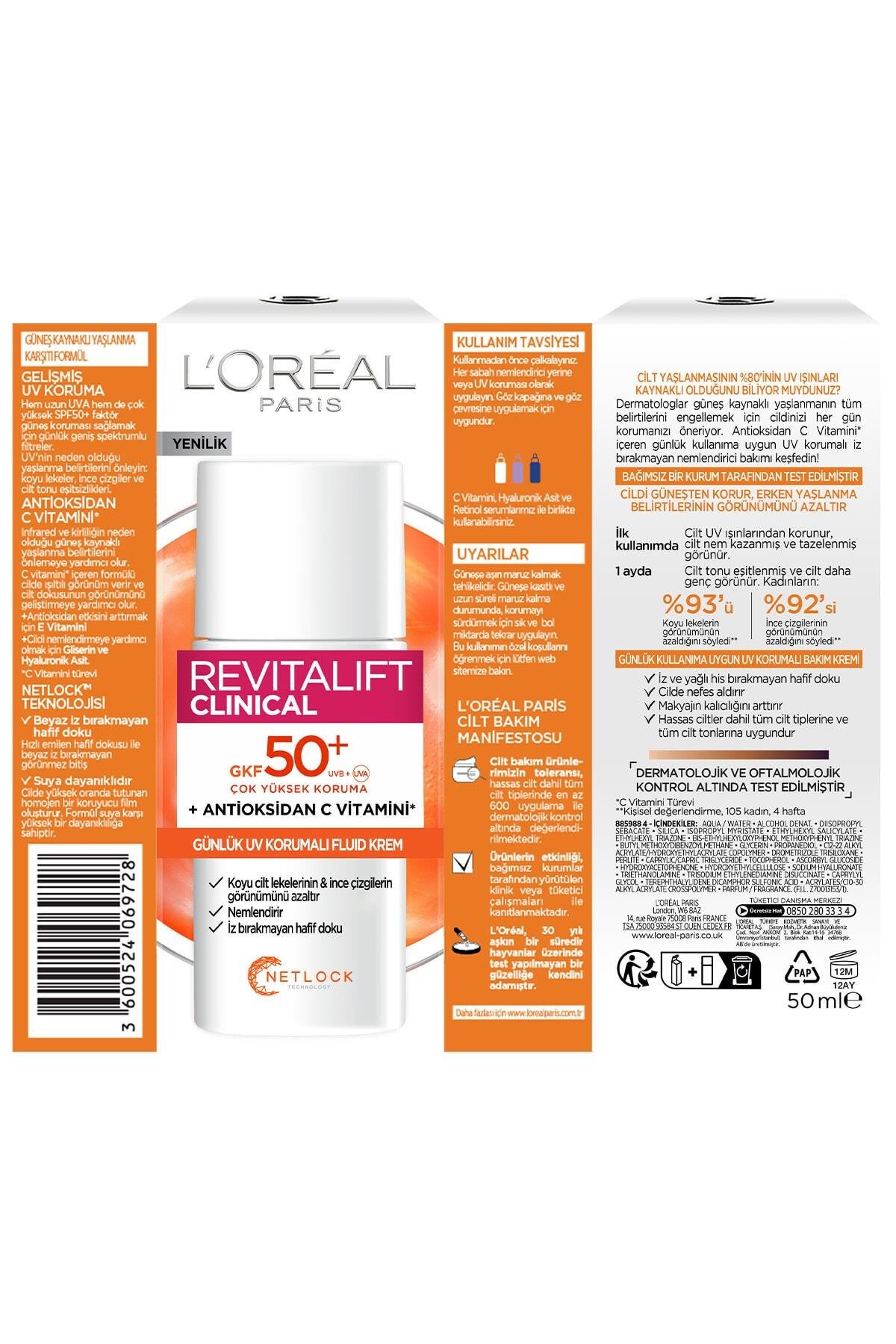 L'Oreal Paris Revitalift Clinical SPF 50+ Günlük Yüksek UV Korumalı Yüz Güneş Kremi 50ml