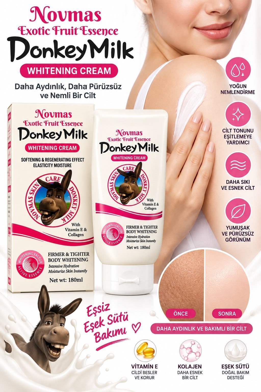 Novmas Leke Karşıtı Eşek Sütlü Nemlendirici Vücut Kremi – Donkey Milk Body Cream 180 ml