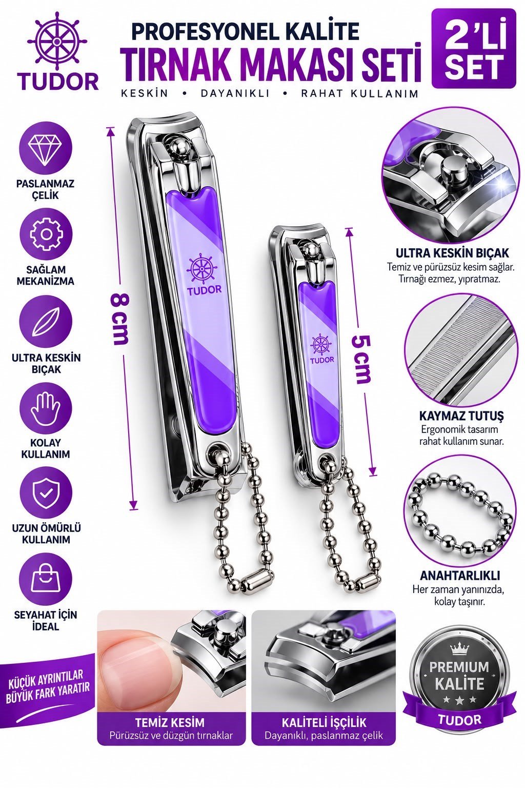 Renkli İkili Tırnak Makası 8 cm ve 5 cm – Keskin ve Dayanıklı Profesyonel TDR421