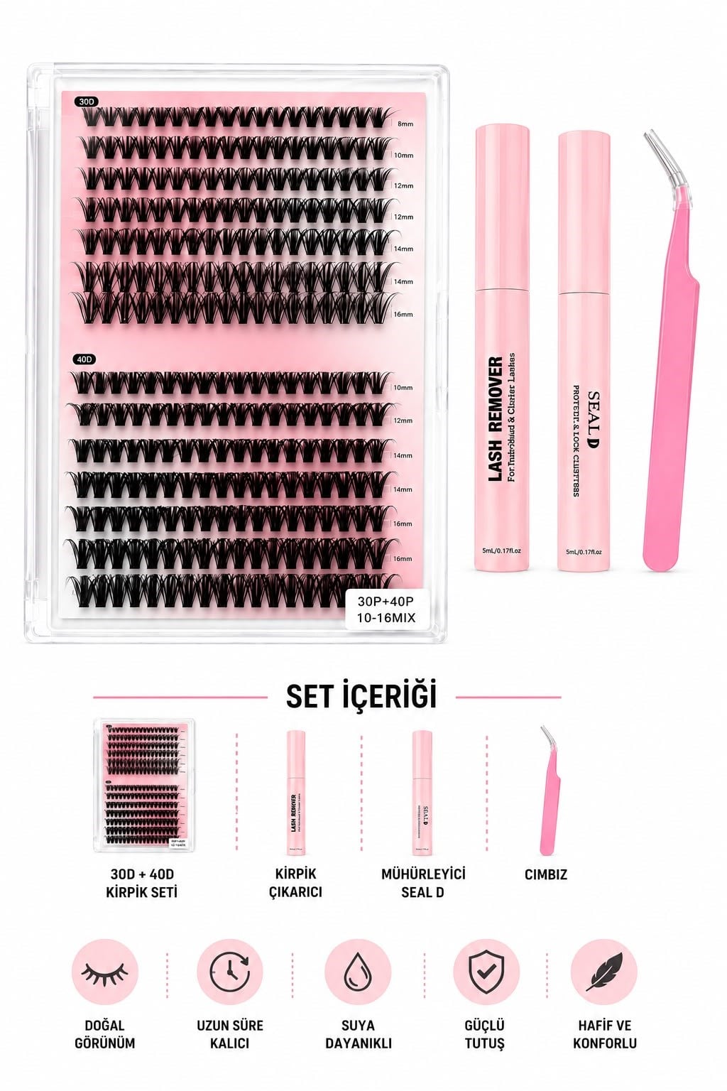 Takma Kirpik Seti 280'li Yapıştırıcı Sabitleyici Çıkarıcı Remover + Takma Kirpik Cımbızı+Tarama Fırçası 30D-40D