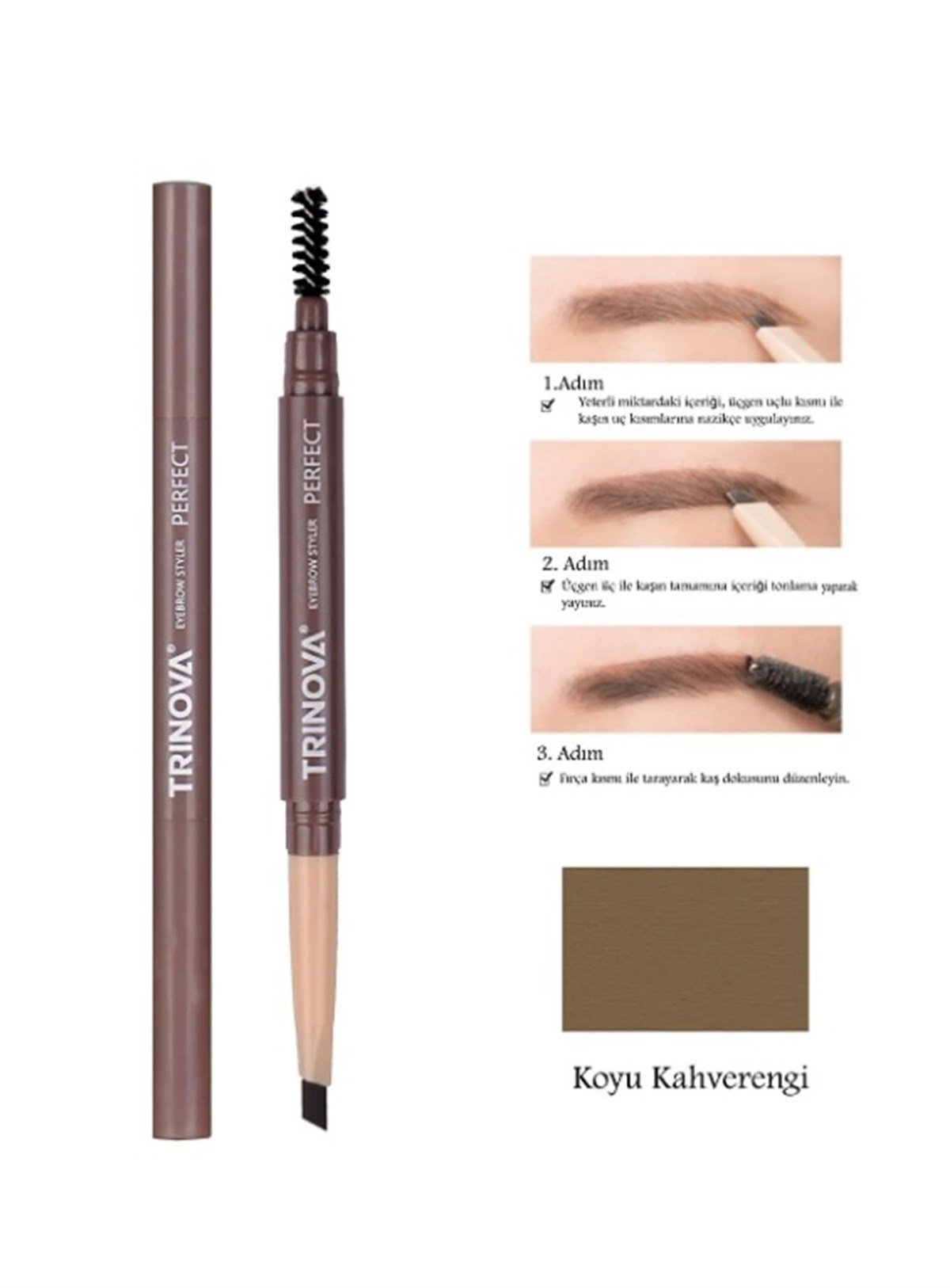 Trinova Koyu Kahve Fırçalı Kaş Kalemi Double-ended Eyebrow Pencil 