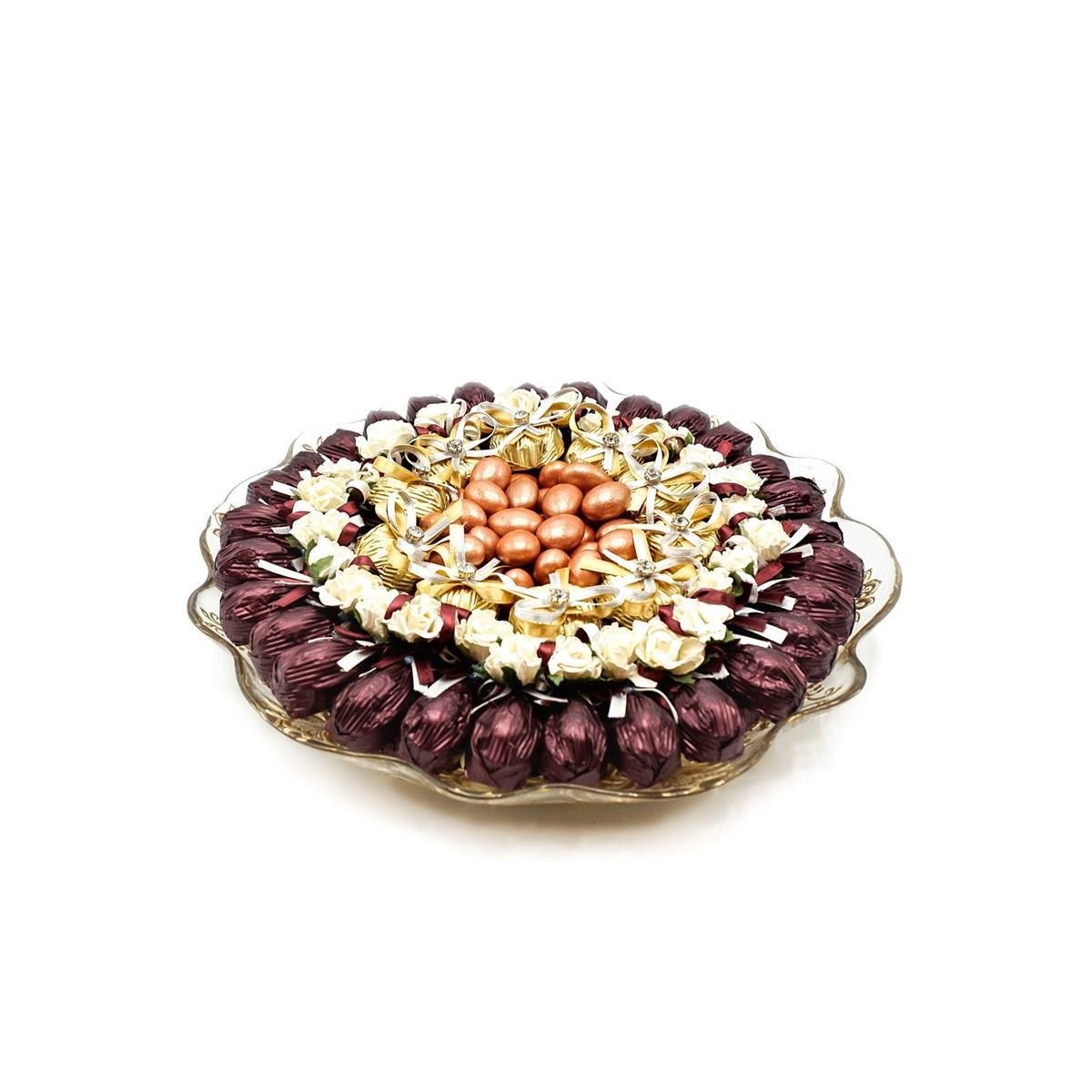 Cam Tepside Yaldızlı Dekorlu Çikolata Söz Nişan Tepsisi 1000g