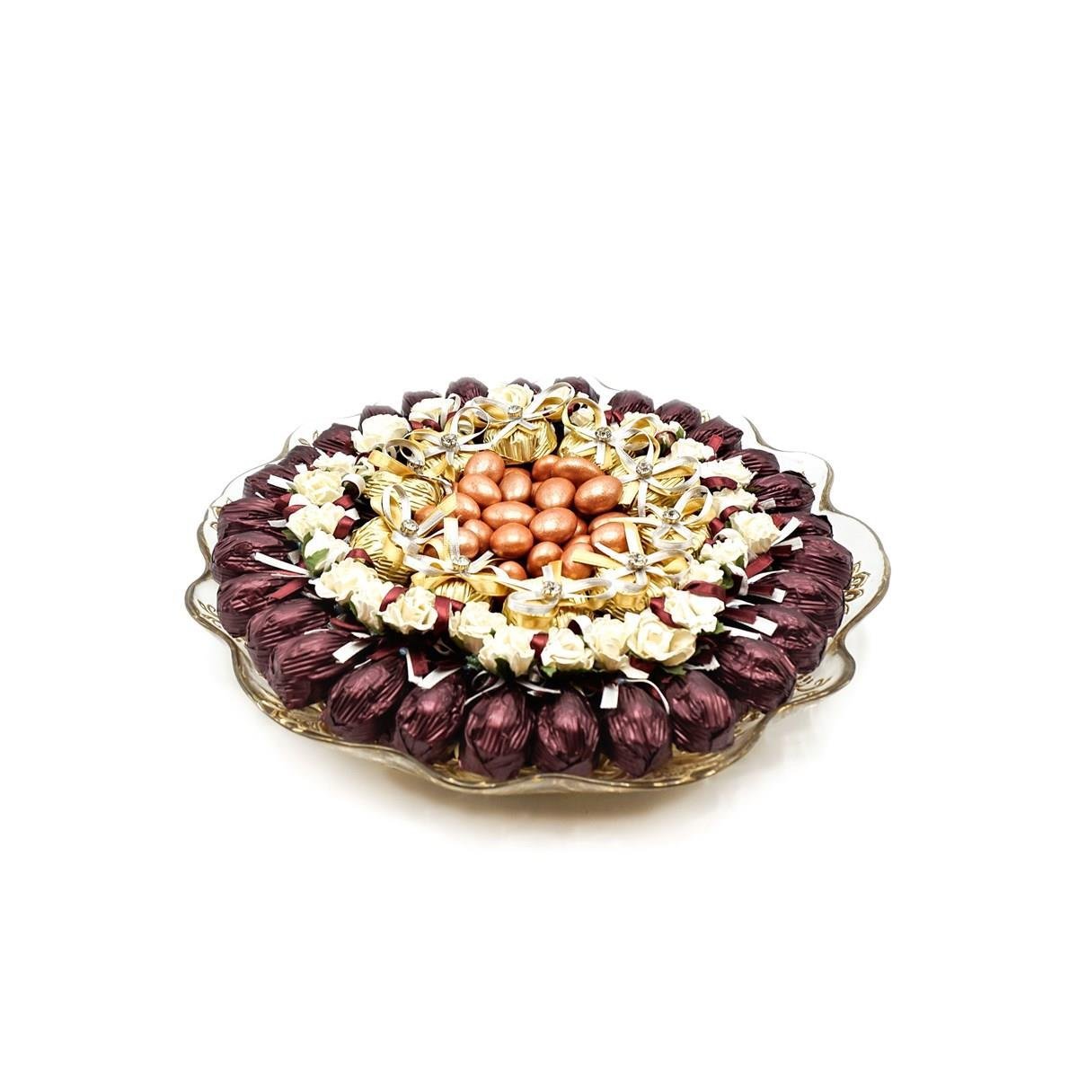 Cam Tepside Yaldızlı Dekorlu Çikolata Söz Nişan Tepsisi 1000g