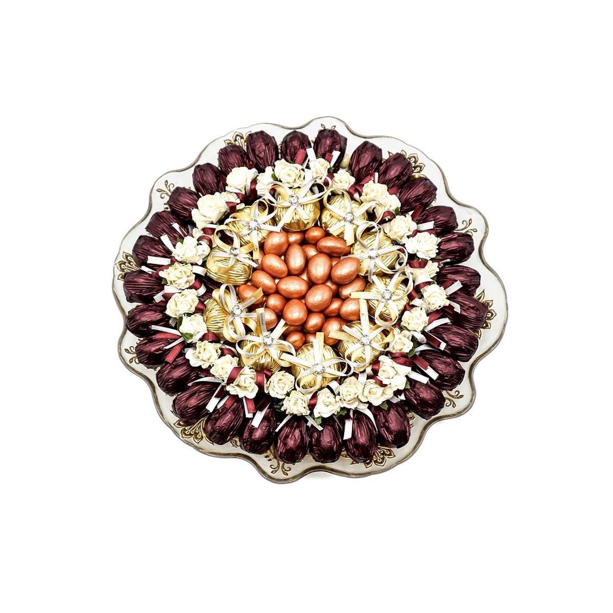 Cam Tepside Yaldızlı Dekorlu Çikolata Söz Nişan Tepsisi 1000g