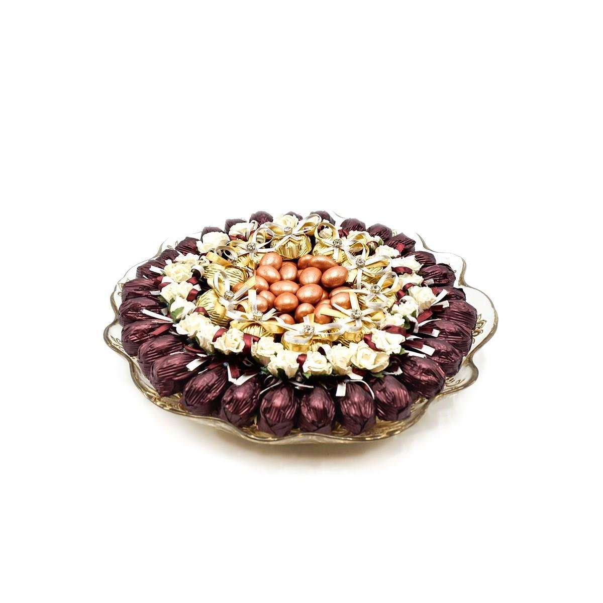 Cam Tepside Yaldızlı Dekorlu Çikolata Söz Nişan Tepsisi 1000g