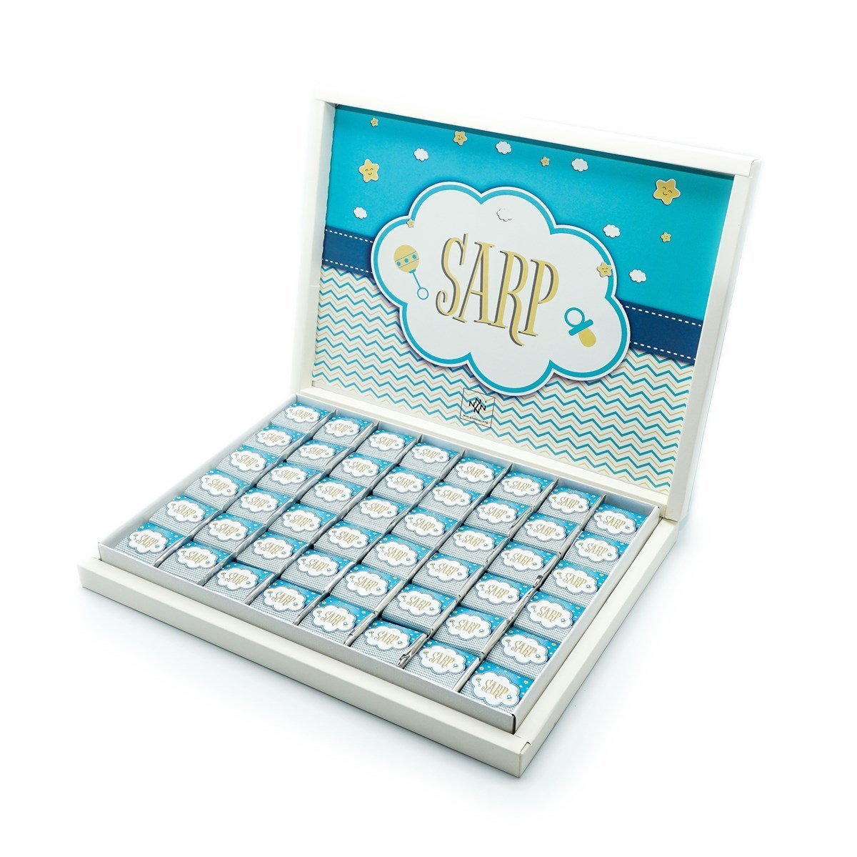 Erkek Bebek Çikolatası 144 Adet Napoliten Çikolata Mavi Bulut