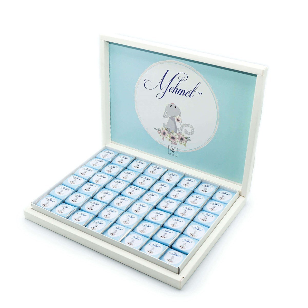 Erkek Bebek Çikolatası 144 Adet Napoliten Çikolata Mavi Kedi