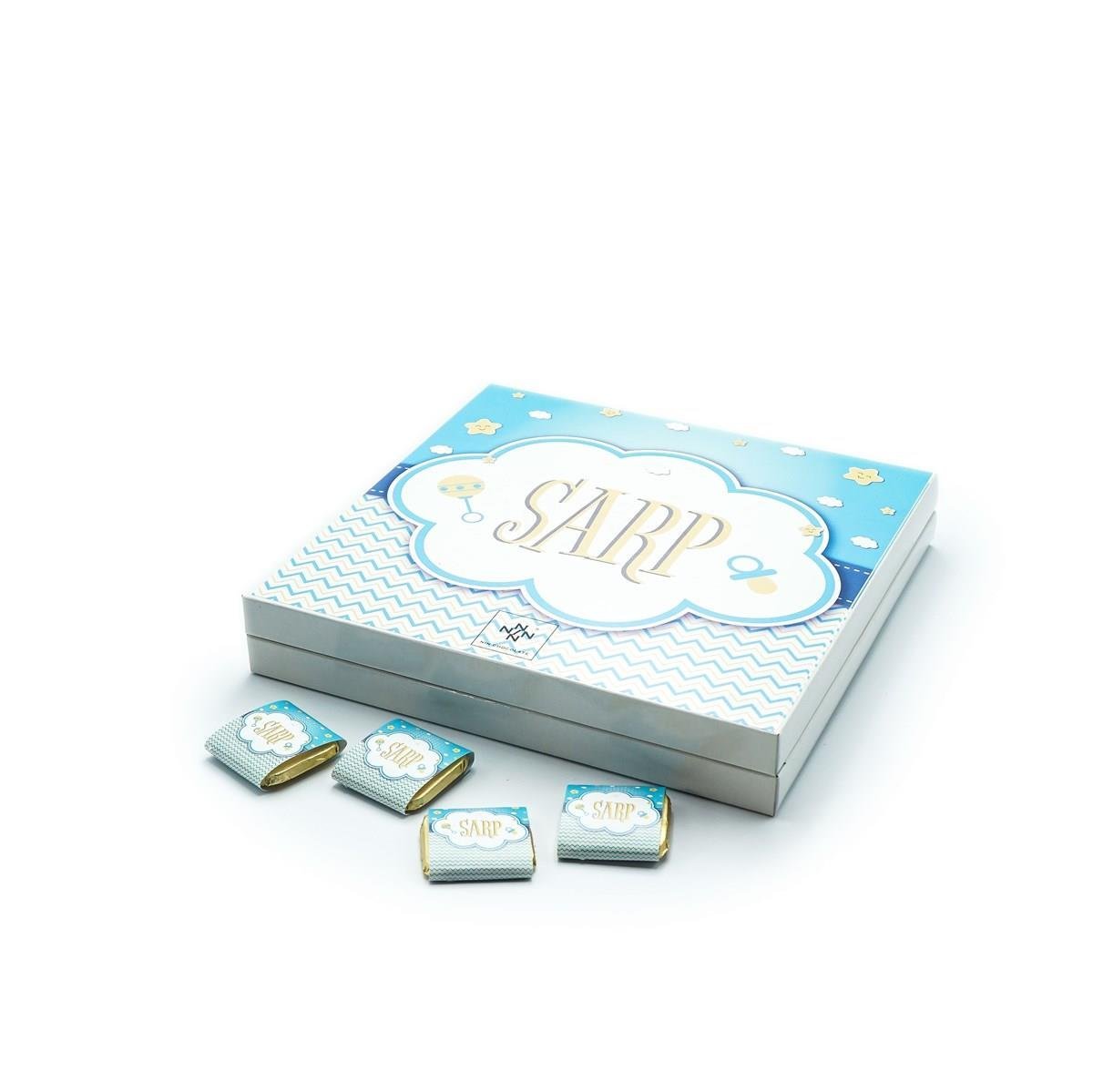 Erkek Bebek Çikolatası 48 Adet Madlen Çikolata Mavi Bulut