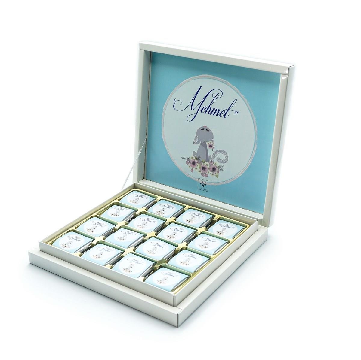 Erkek Bebek Çikolatası 48 Adet Madlen Çikolata Mavi Kedi