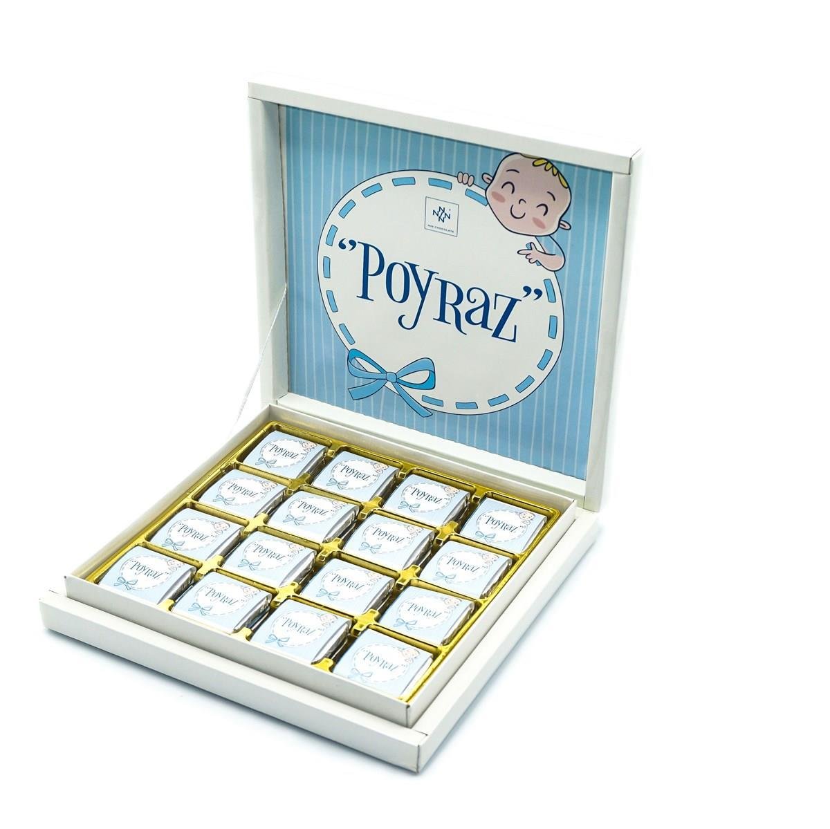 Erkek Bebek Çikolatası 48 Adet Madlen Çikolata Mavi Çizgili