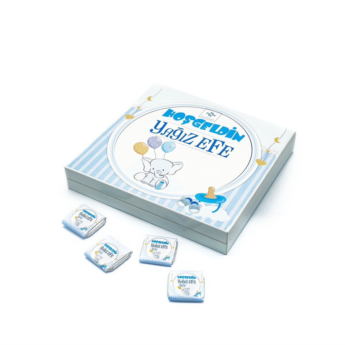 Erkek Bebek Çikolatası 48 Adet Madlen Çikolata Mavi Fil