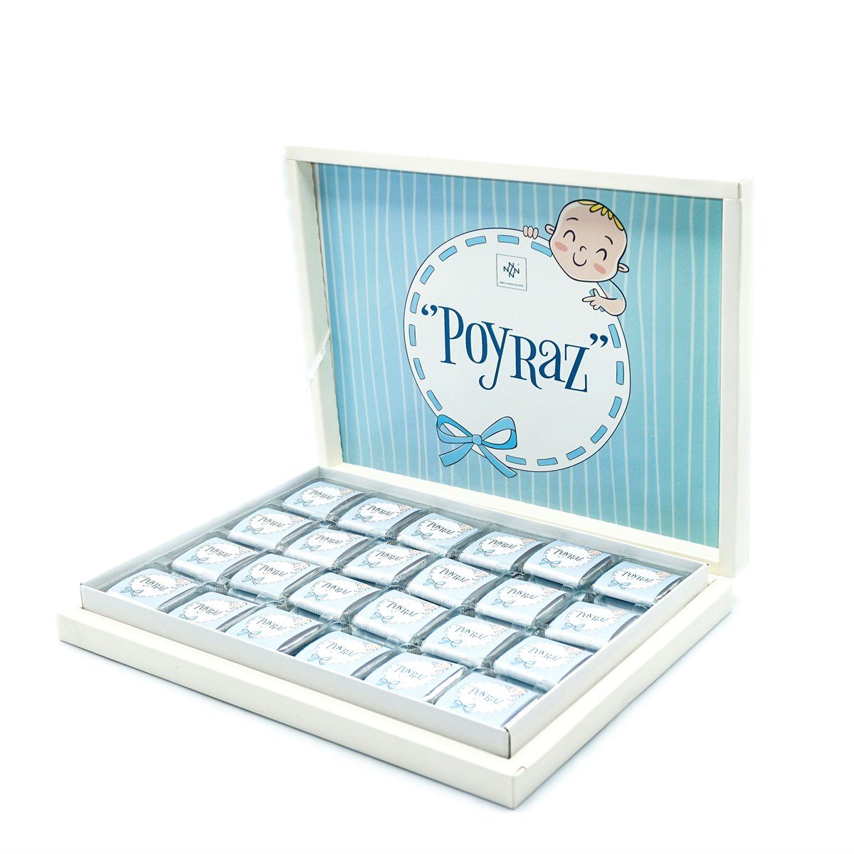Erkek Bebek Çikolatası 72 Adet Madlen Çikolata Mavi Çizgili