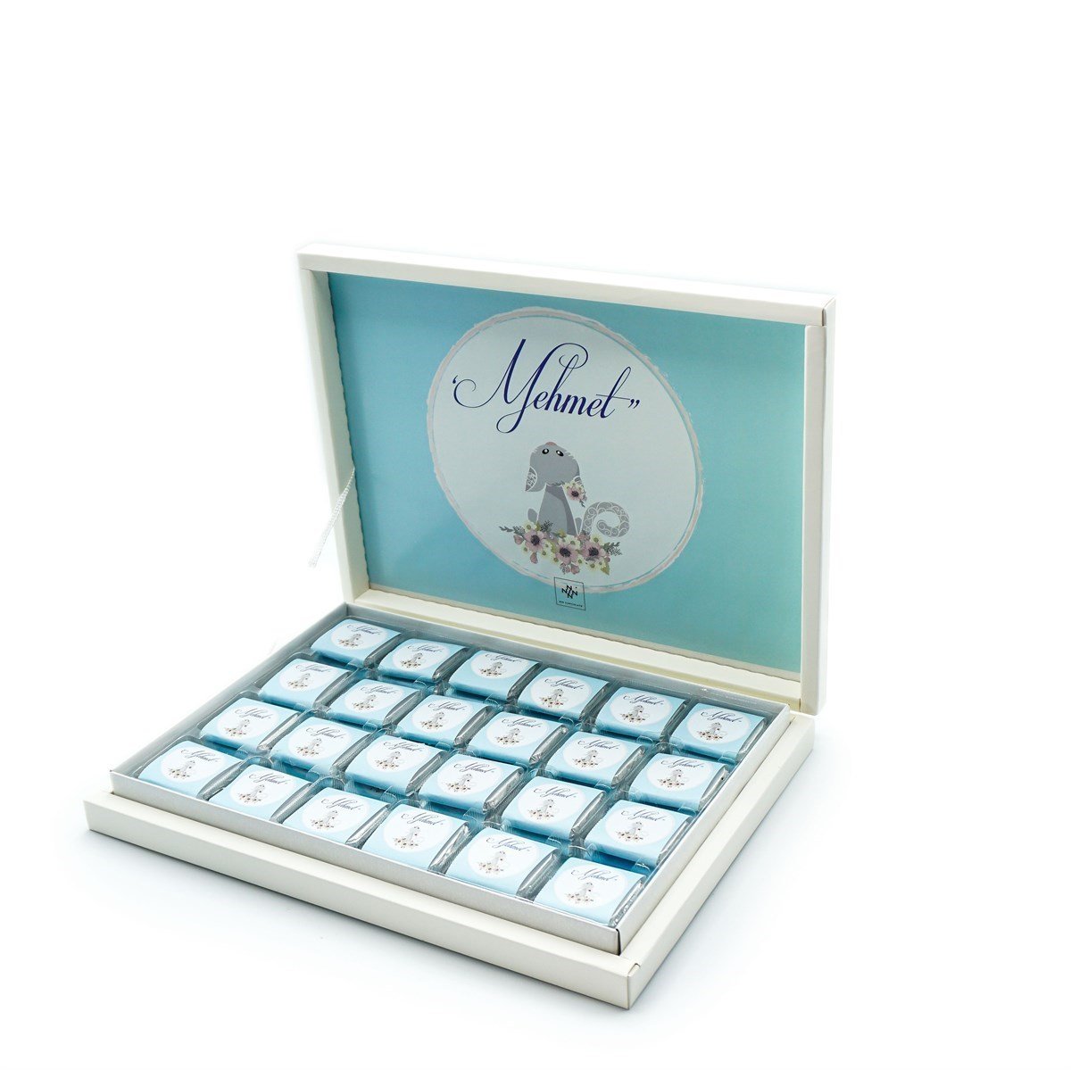 Erkek Bebek Çikolatası 72 Adet Madlen Çikolata Mavi Kedi