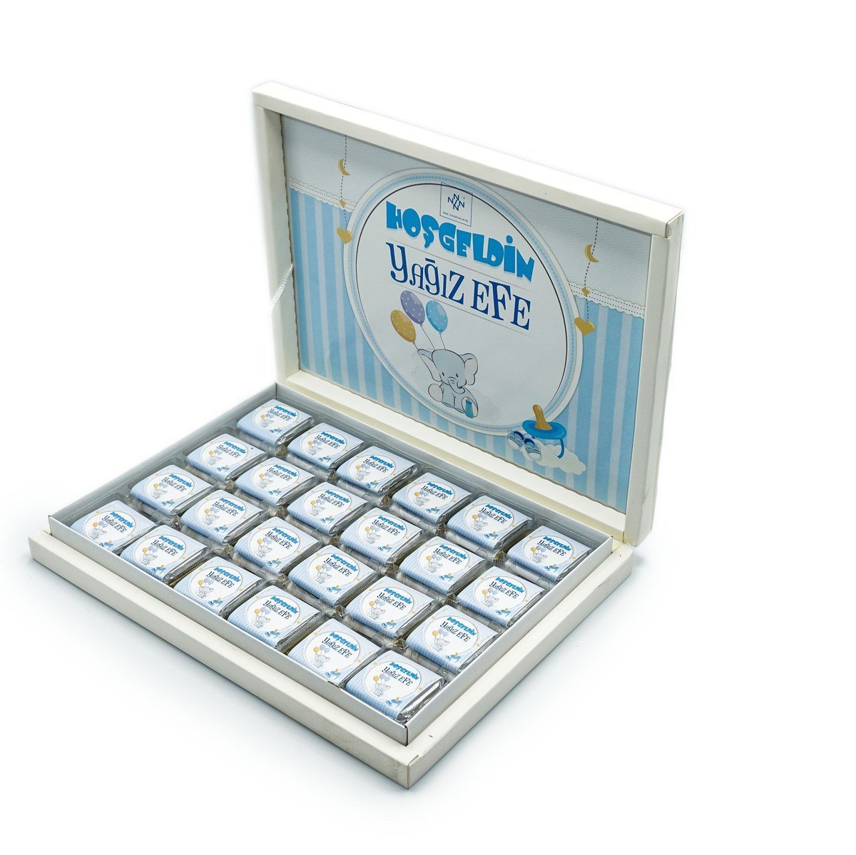 Erkek Bebek Çikolatası 72 Adet Madlen Çikolata Mavi Fil