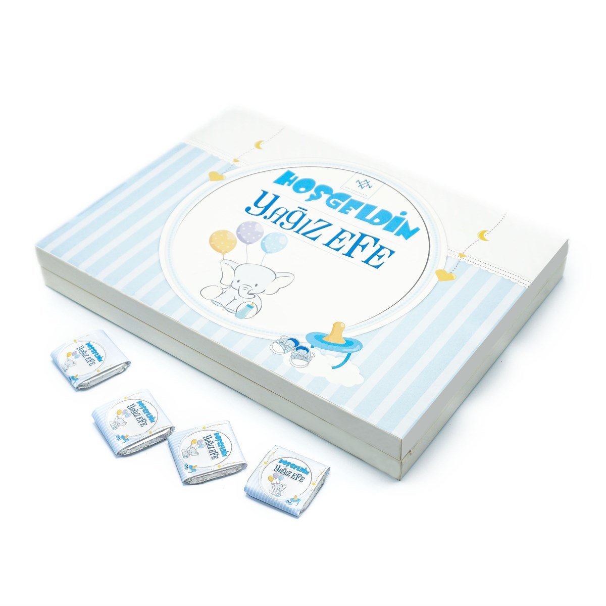 Erkek Bebek Çikolatası 72 Adet Madlen Çikolata Mavi Fil