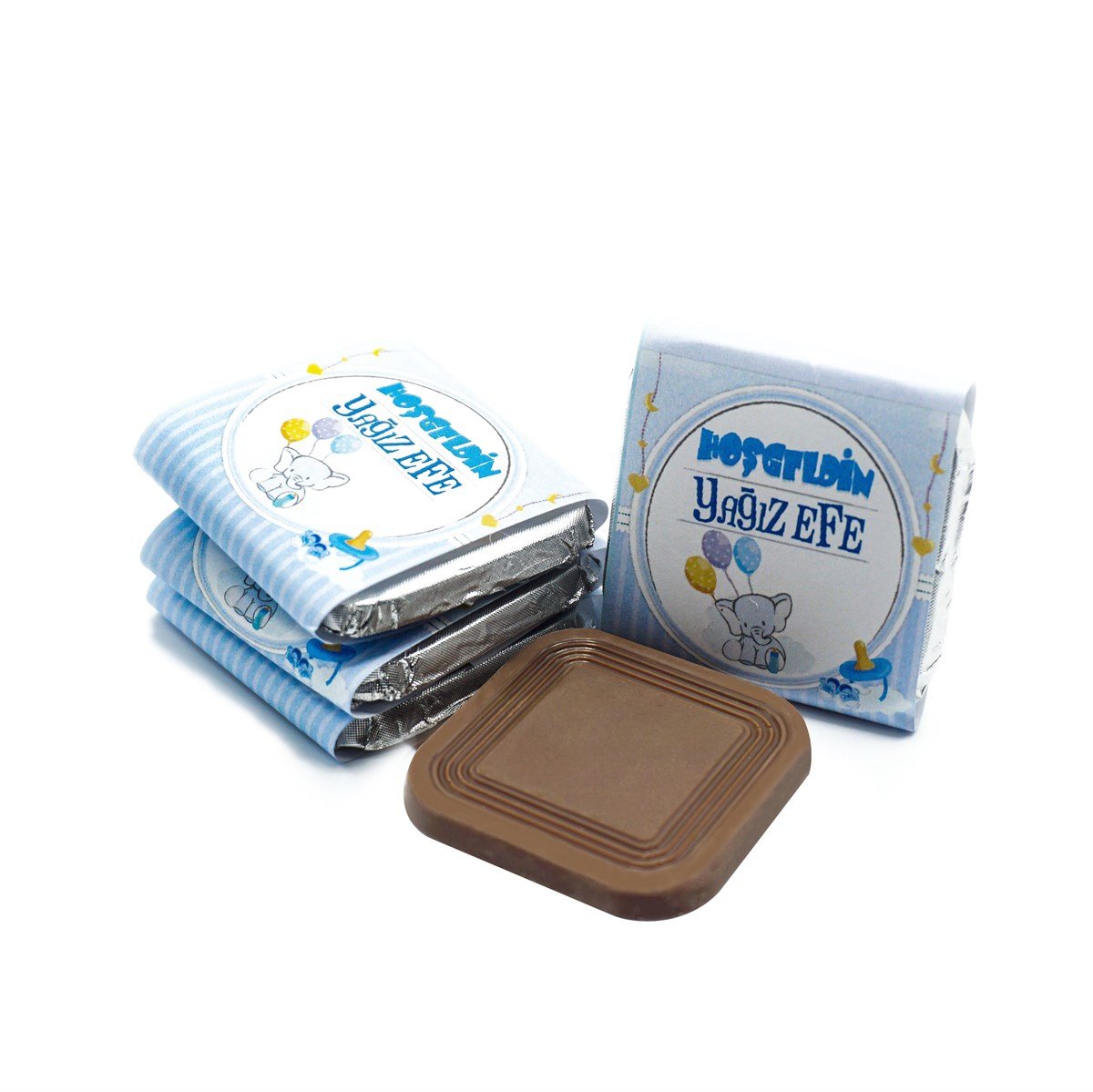 Erkek Bebek Çikolatası 84 Adet Madlen Çikolata Mavi Fil