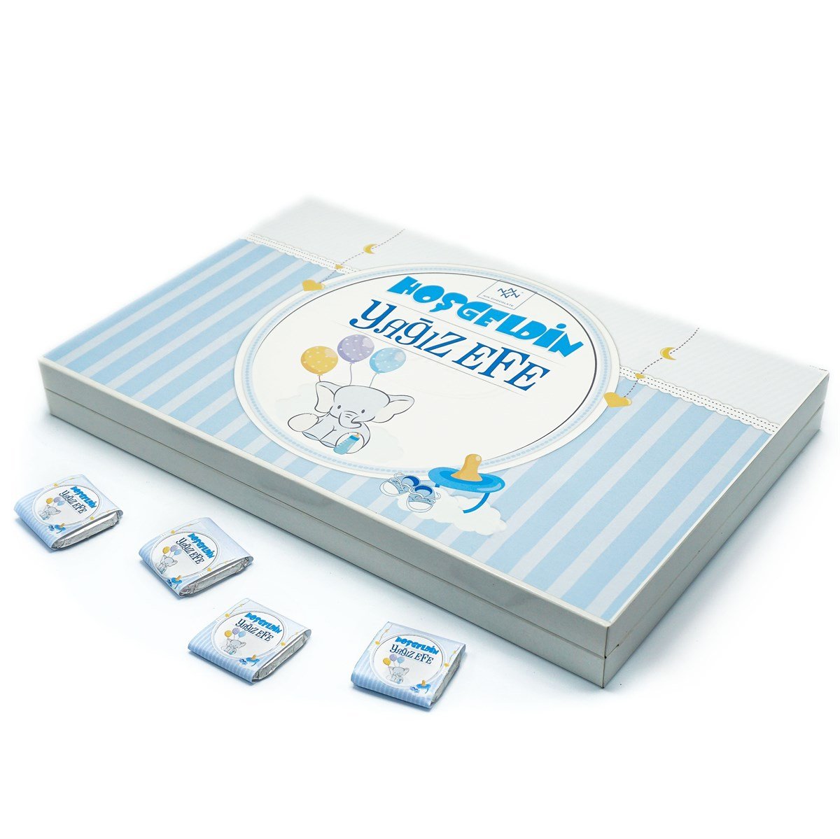 Erkek Bebek Çikolatası 84 Adet Madlen Çikolata Mavi Fil