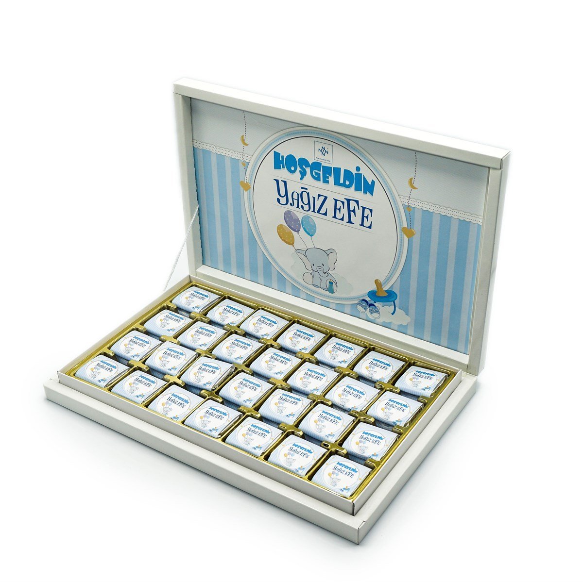 Erkek Bebek Çikolatası 84 Adet Madlen Çikolata Mavi Fil