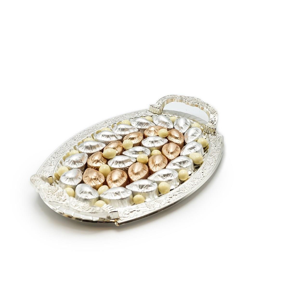 Gümüş Tepside Yaldızlı Çikolata Söz Nişan Tepsisi 900g