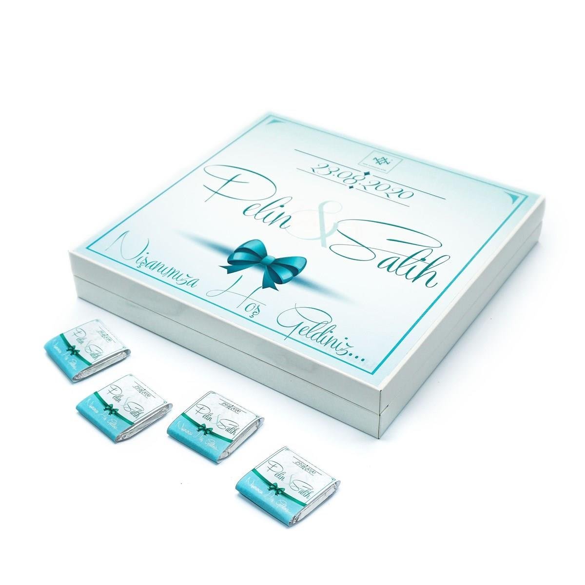 İsimli Söz Nişan Çikolatası 48 Adet Madlen Mavi Kurdela