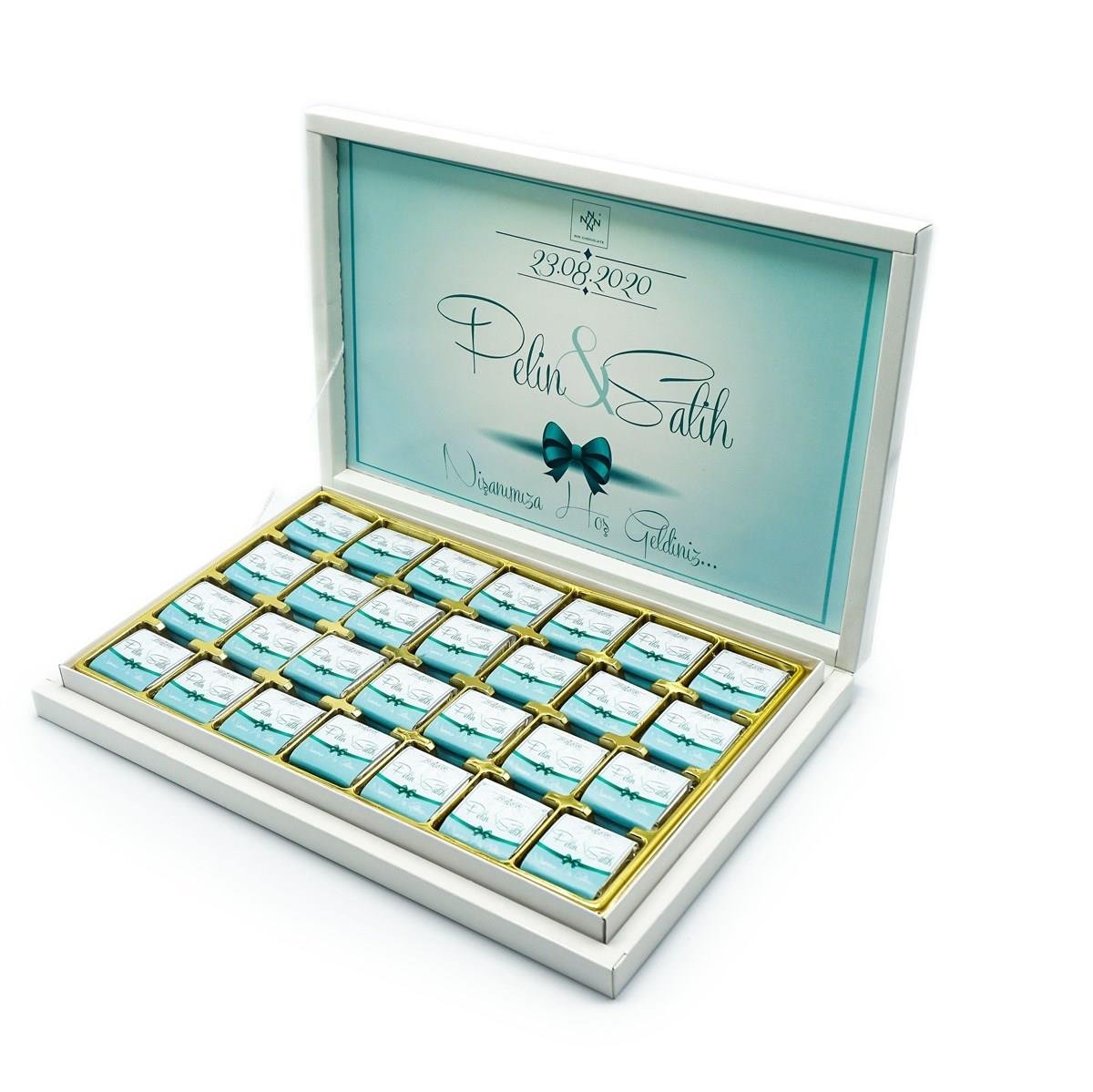İsimli Söz Nişan Çikolatası 72 Adet Madlen Mavi Kurdela