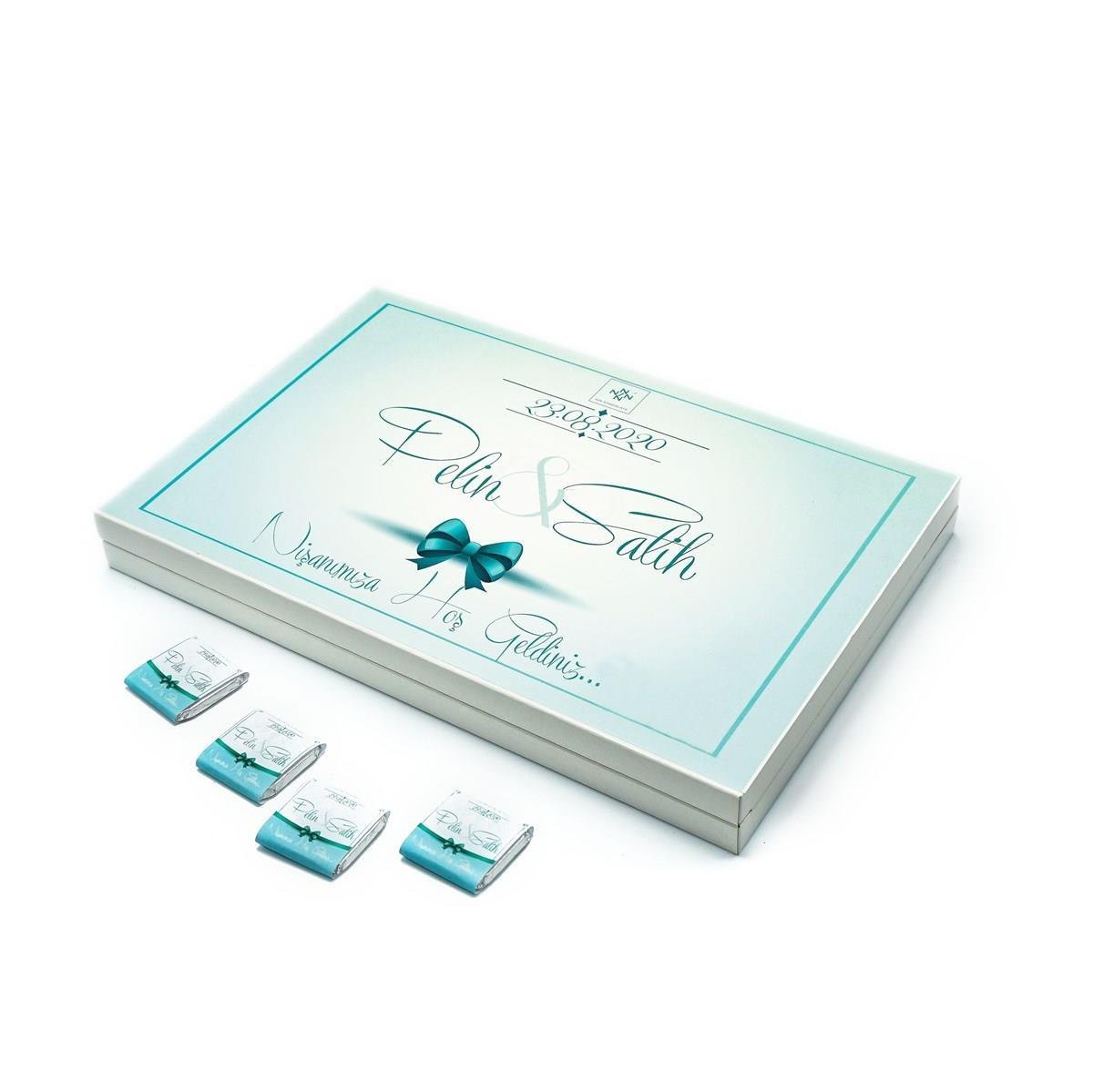 İsimli Söz Nişan Çikolatası 72 Adet Madlen Mavi Kurdela