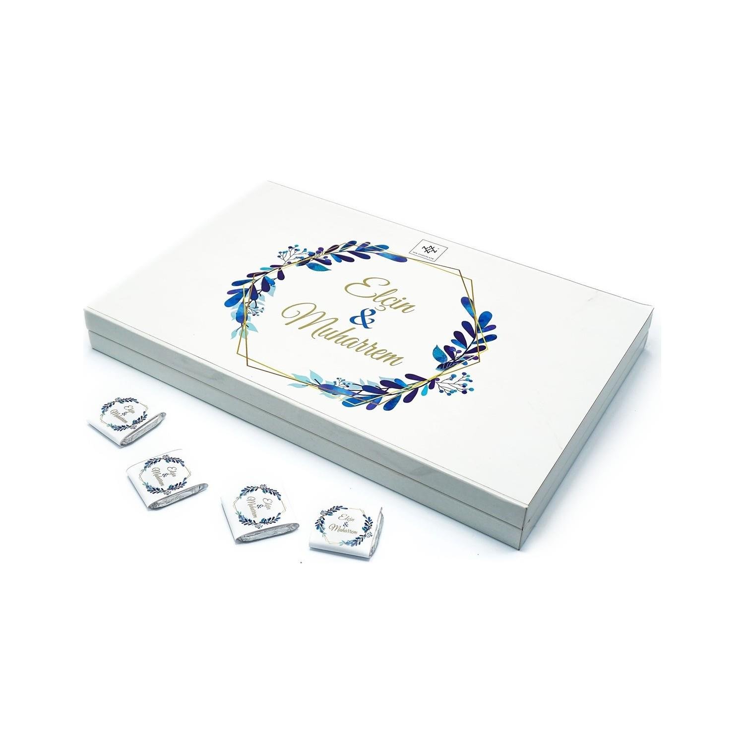 İsimli Söz Nişan Çikolatası 84 Adet Madlen Mavi Yapraklar