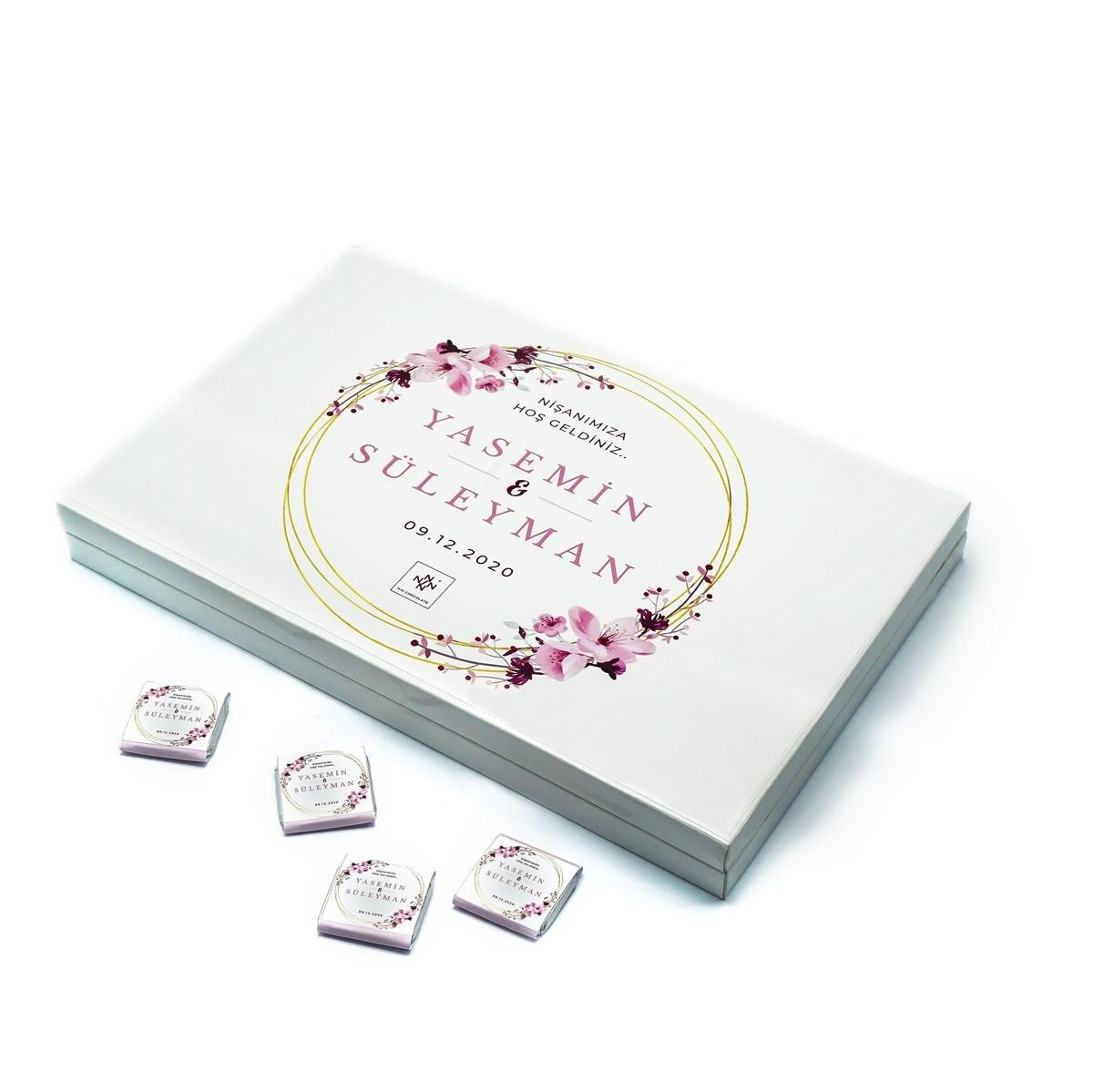 İsimli Söz Nişan Çikolatası 84 Adet Madlen Pembe Çiçekli