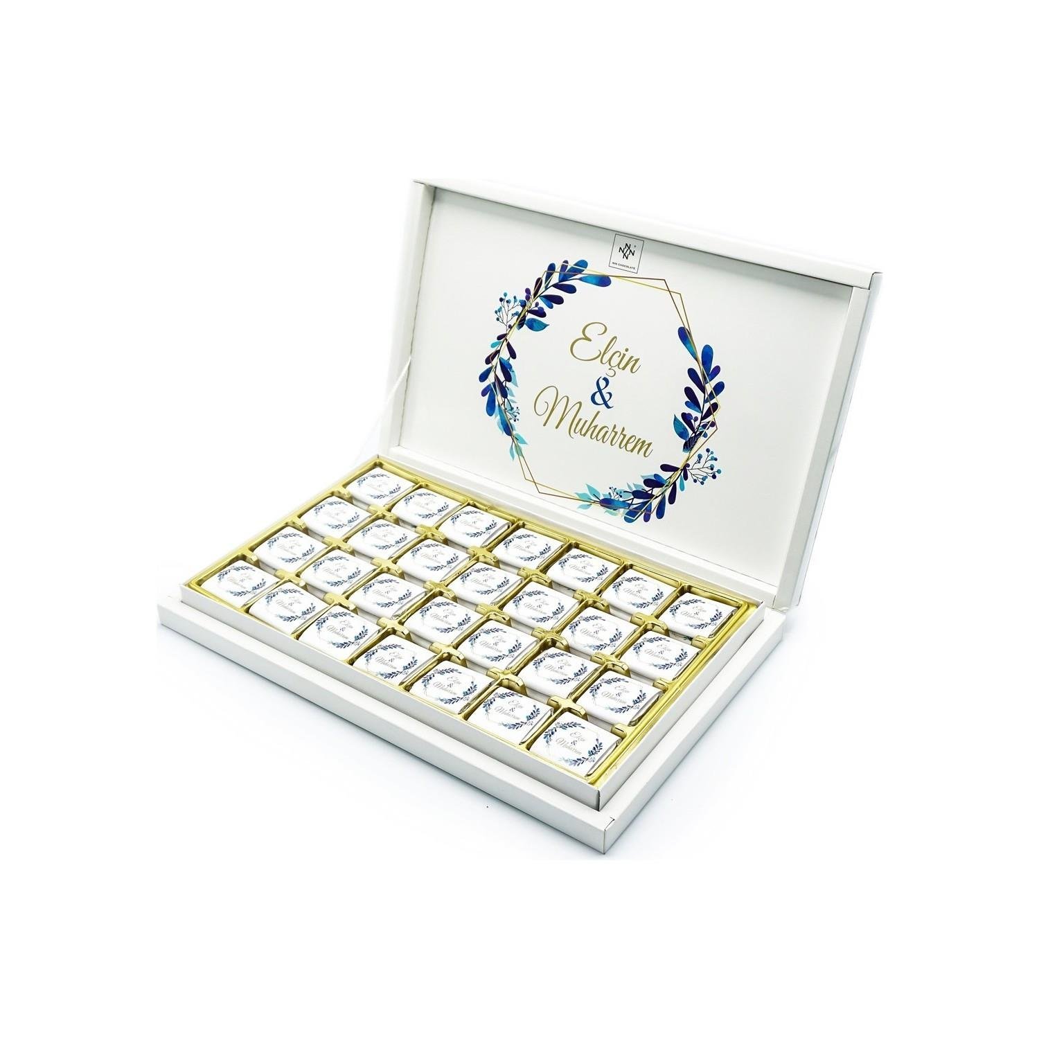 İsimli Söz Nişan Çikolatası 84 Adet Madlen Mavi Yapraklar