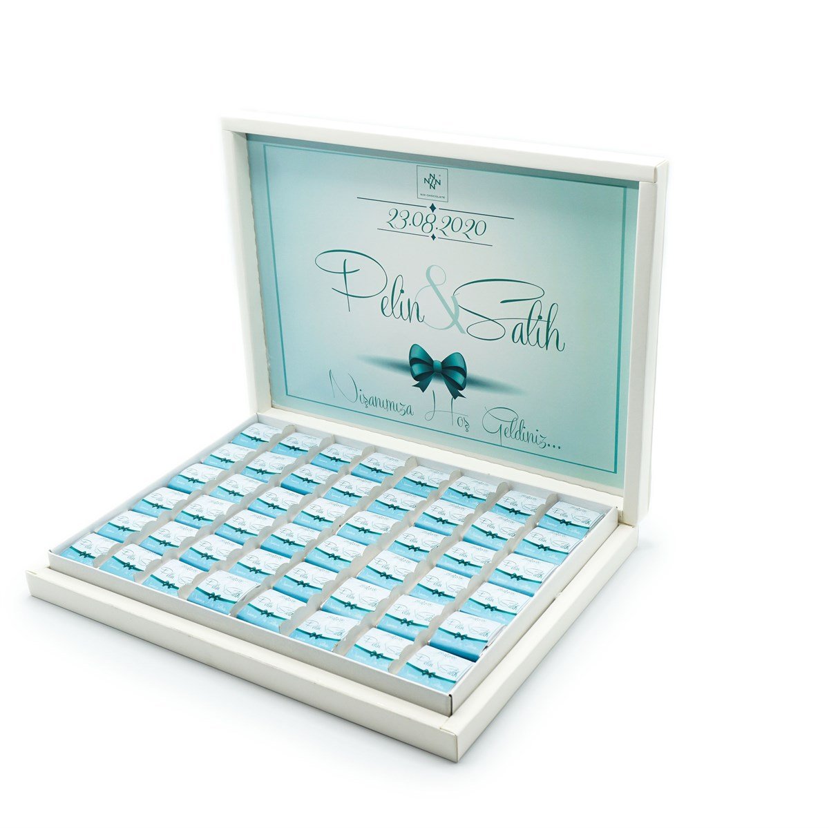 İsme Özel Söz Nişan Çikolatası 144 Adet Napoliten Mavi Kurdela