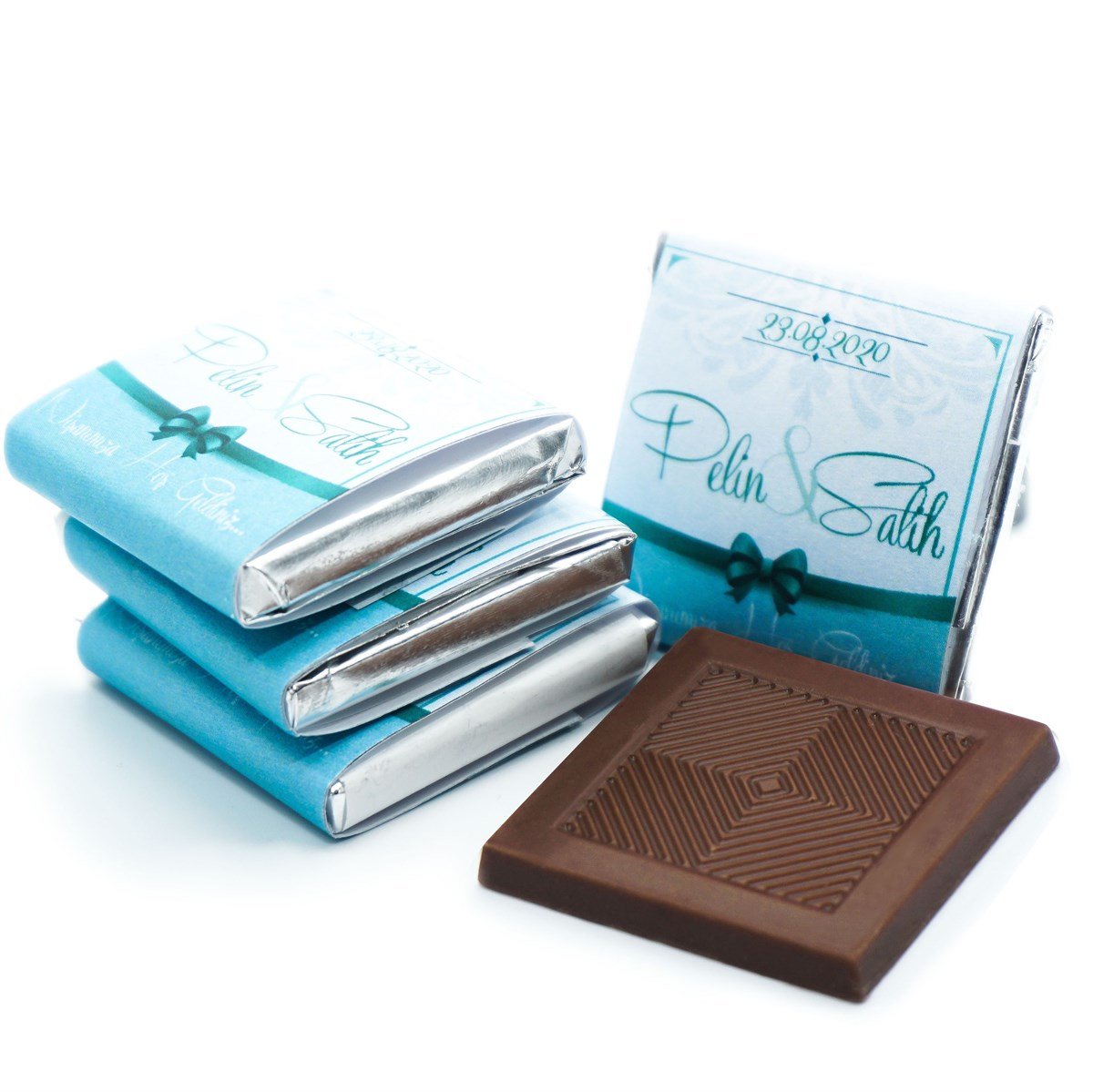 İsme Özel Söz Nişan Çikolatası 144 Adet Napoliten Mavi Kurdela