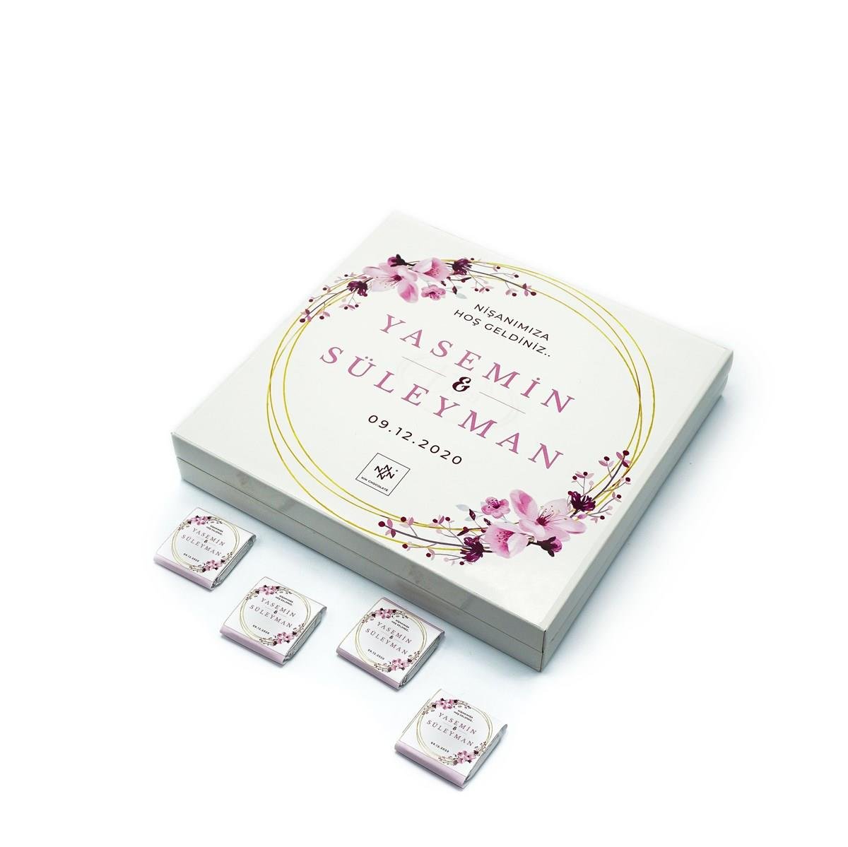 İsme Özel Söz Nişan Çikolatası 48 Adet Madlen Pembe Çiçekli