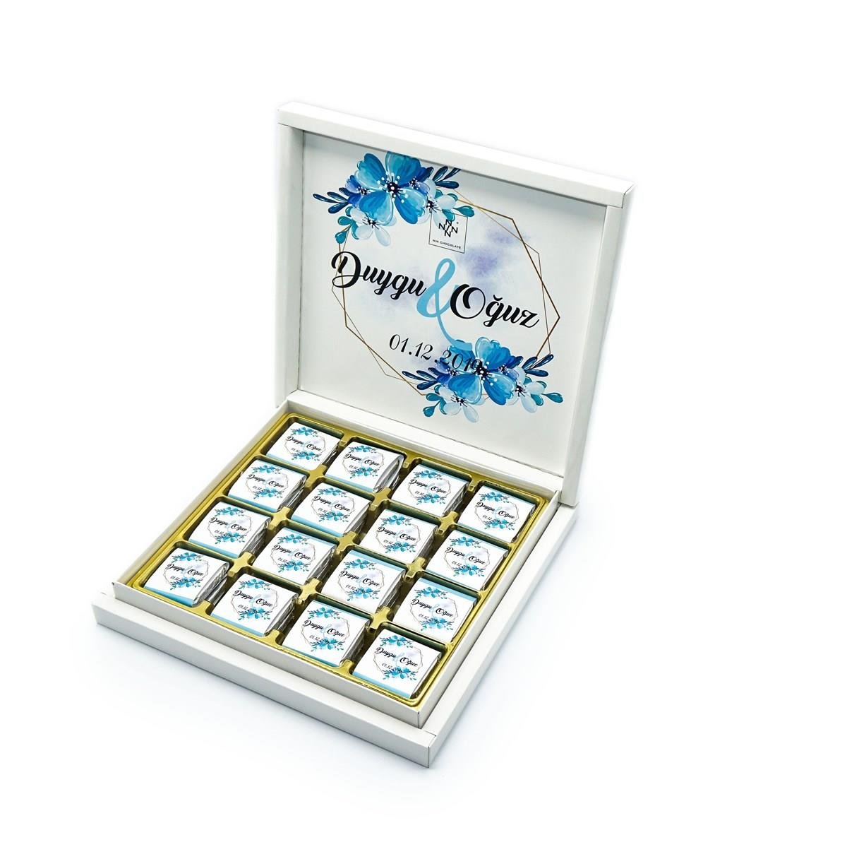 İsme Özel Söz Nişan Çikolatası 48 Adet Madlen Mavi Çiçekli