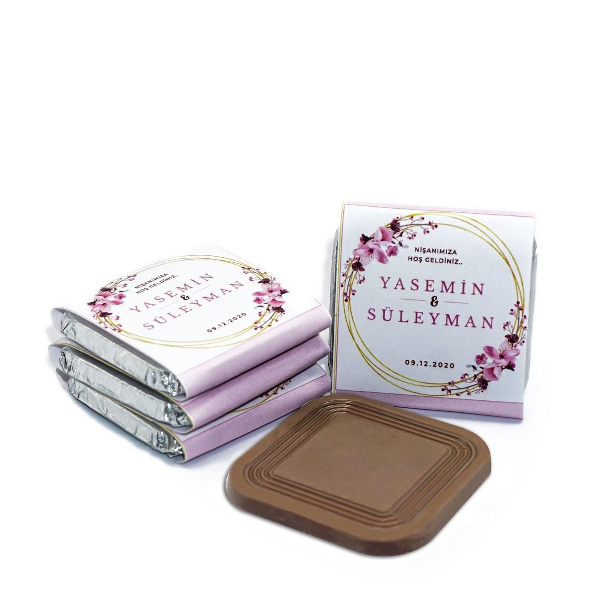 İsme Özel Söz Nişan Çikolatası 48 Adet Madlen Pembe Çiçekli