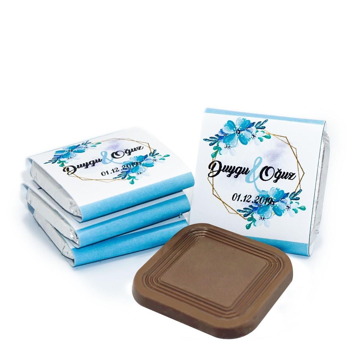 İsme Özel Söz Nişan Çikolatası 48 Adet Madlen Mavi Çiçekli