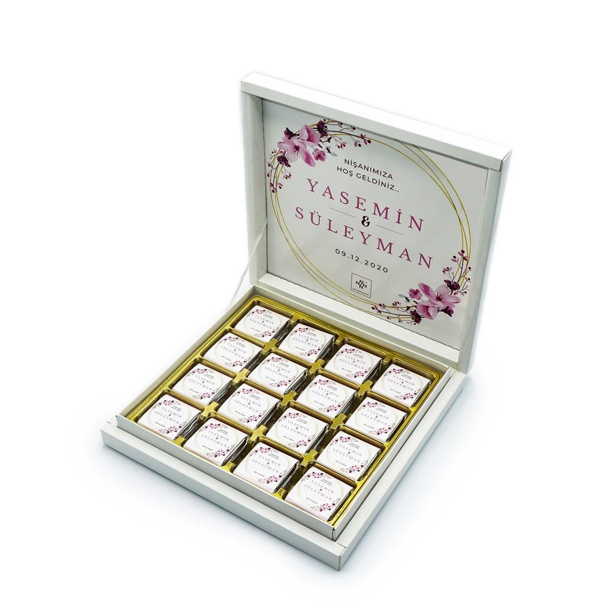 İsme Özel Söz Nişan Çikolatası 48 Adet Madlen Pembe Çiçekli