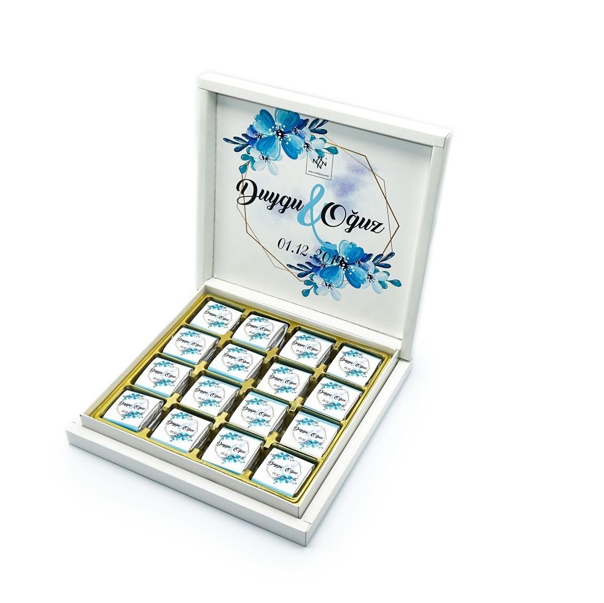 İsme Özel Söz Nişan Çikolatası 48 Adet Madlen Mavi Çiçekli