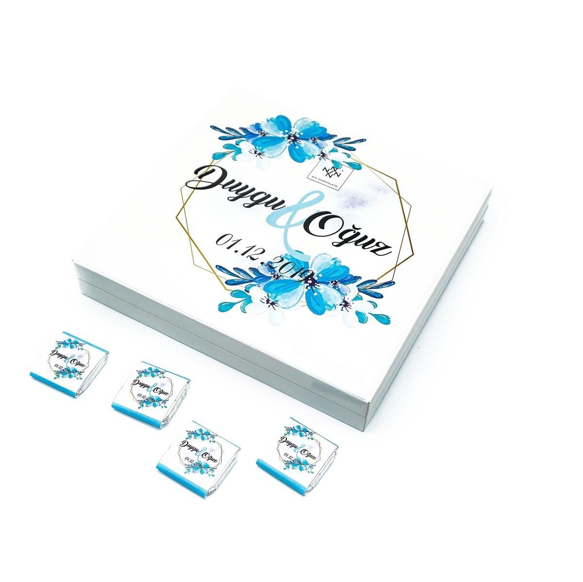 İsme Özel Söz Nişan Çikolatası 48 Adet Madlen Mavi Çiçekli