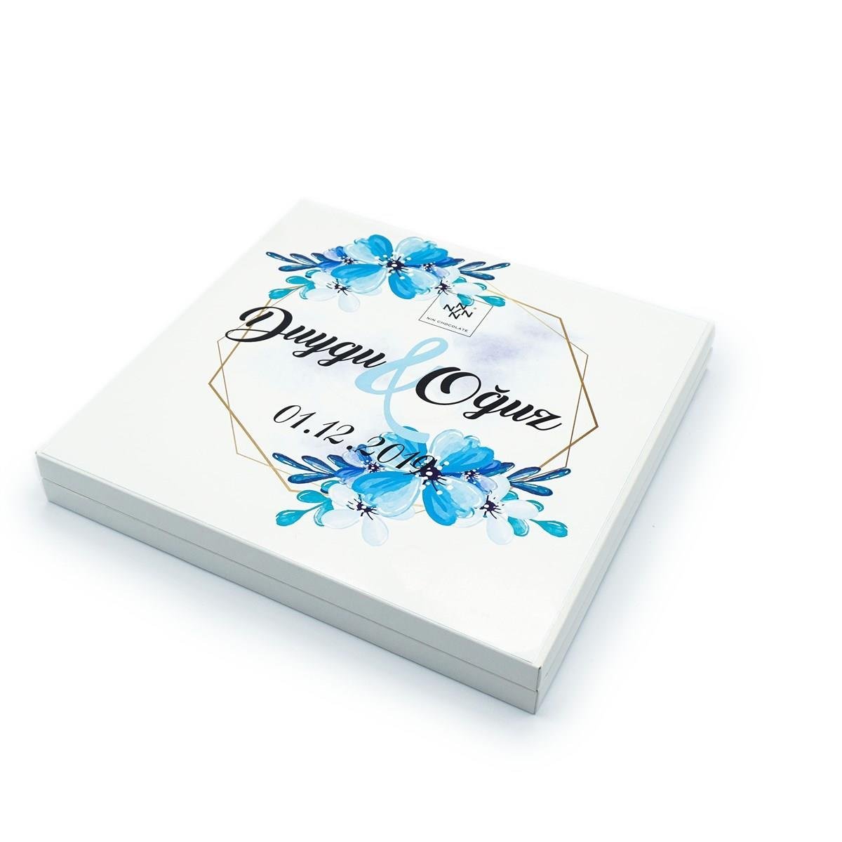 İsme Özel Söz Nişan Çikolatası 48 Adet Madlen Mavi Çiçekli