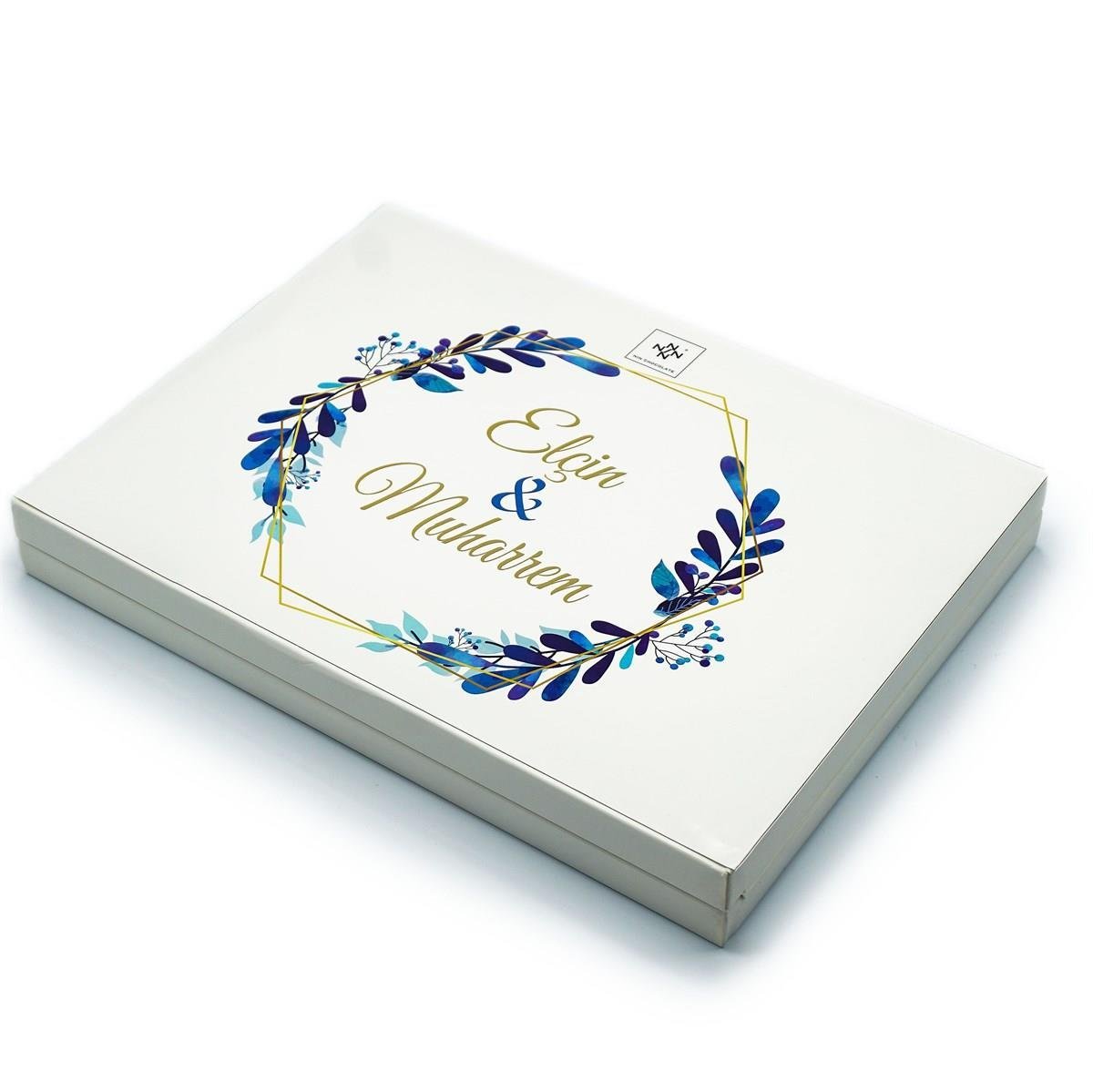 İsme Özel Söz Nişan Çikolatası 72 Adet Madlen Mavi Yapraklar