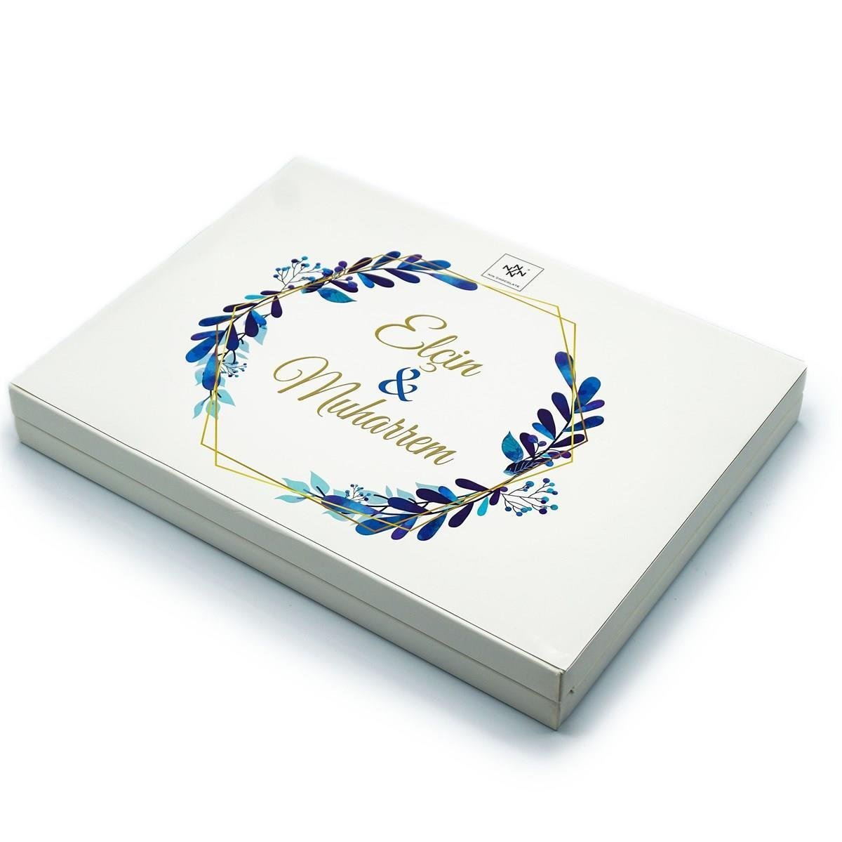 İsme Özel Söz Nişan Çikolatası 72 Adet Madlen Mavi Yapraklar