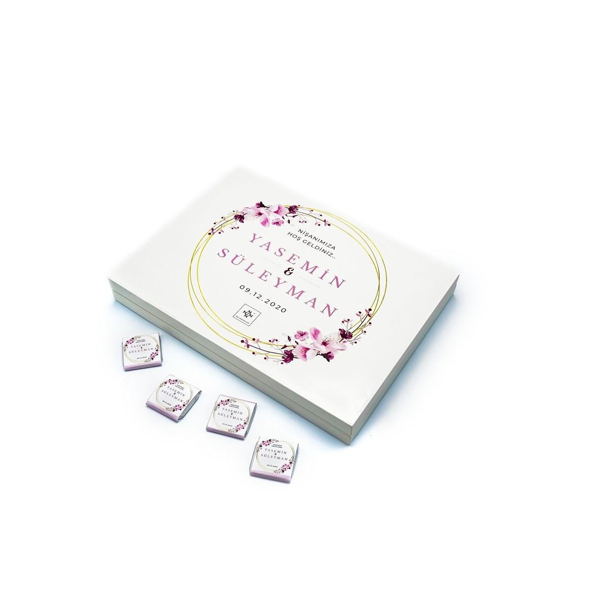 İsme Özel Söz Nişan Çikolatası 72 Adet Madlen Pembe Çiçekli