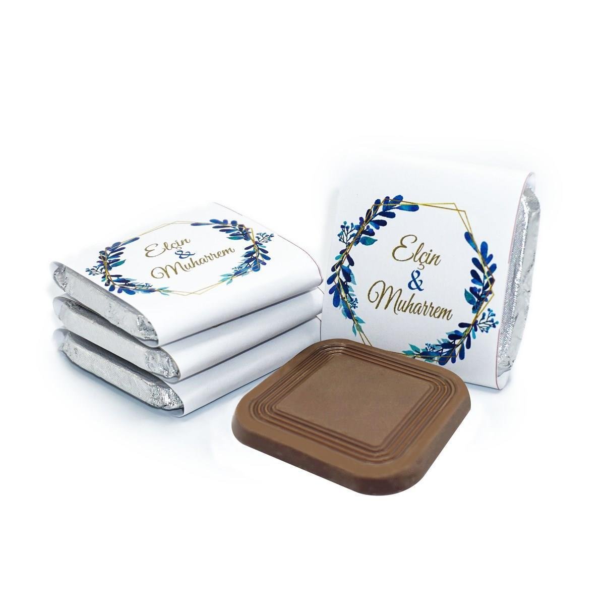 İsme Özel Söz Nişan Çikolatası 72 Adet Madlen Mavi Yapraklar
