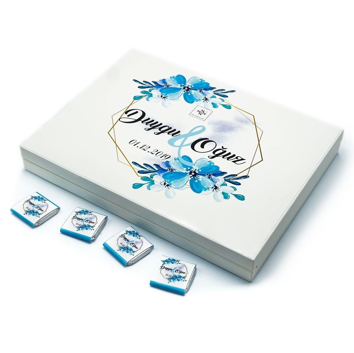 İsme Özel Söz Nişan Çikolatası 72 Adet Madlen Mavi Çiçekli