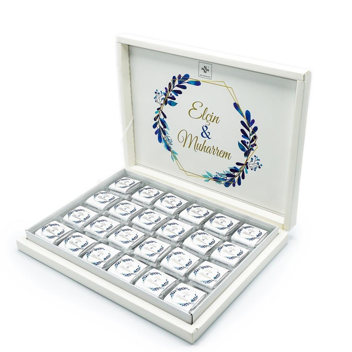 İsme Özel Söz Nişan Çikolatası 72 Adet Madlen Mavi Yapraklar