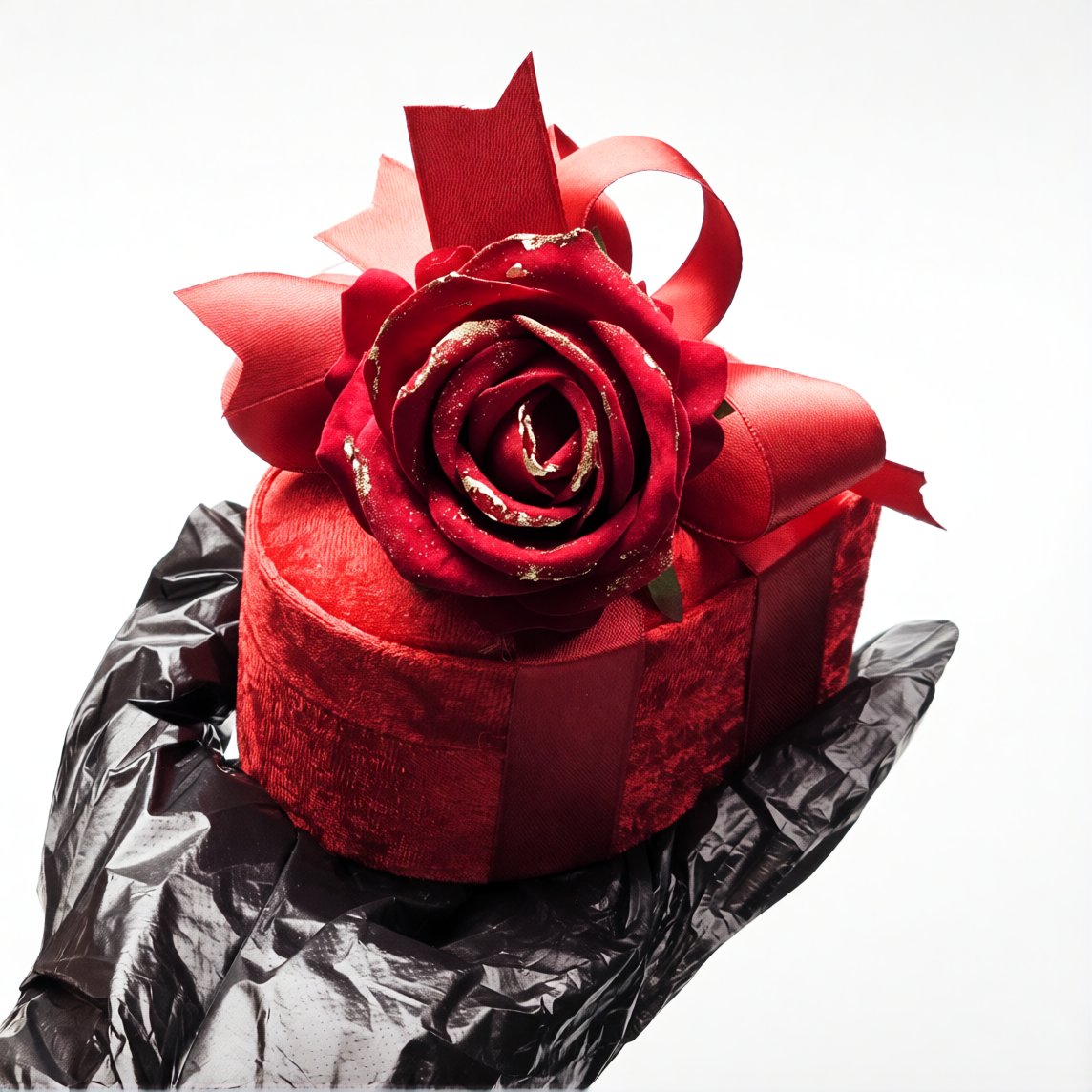 Kadife Dokulu Kırmızı Kalp Hediye Kutusu - Güllü ve Kurdeleli Özel Tasarım